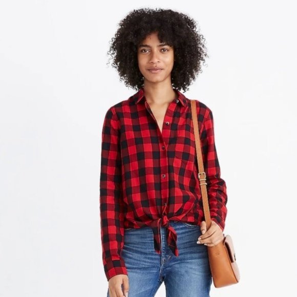 Madewell Tops - Madewell women’s cropped buffalo plaid tie front button down shirt size medium